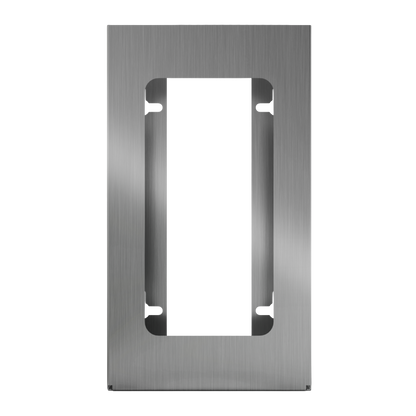 Glove Dispenser, Single, Stainless Steel, wall-mount with a rectangular cutout for dispensing. Front facing, empty