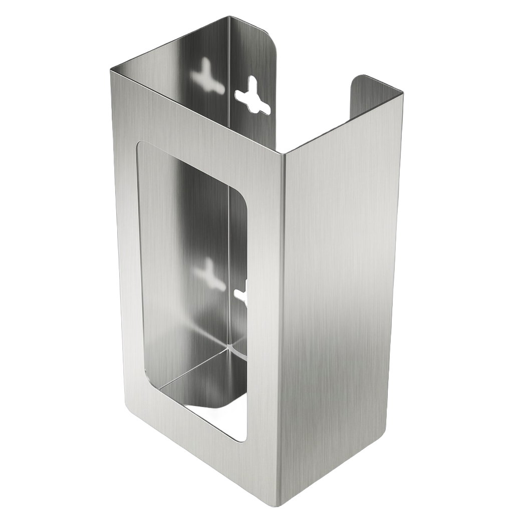Glove Dispenser, Single, Stainless Steel, wall-mount. Shown empty, front facing and slightly angled left.