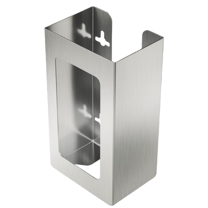 Glove Dispenser, Single, Stainless Steel, wall-mount. Shown empty, front facing and slightly angled left.
