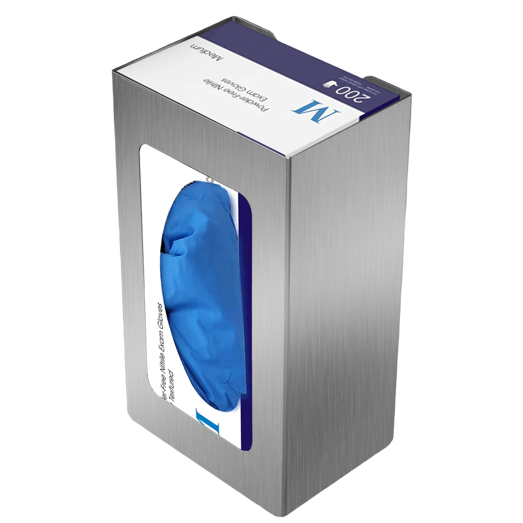 Glove Dispenser, Single, Stainless Steel,  wall-mount with a box of blue exam gloves inside.