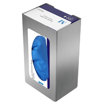 Glove Dispenser, Single, Stainless Steel,  wall-mount with a box of blue exam gloves inside.