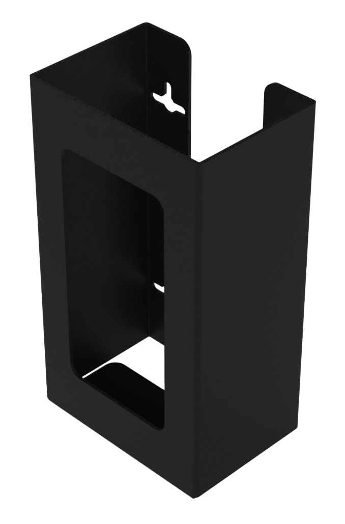 Glove Dispenser, Single, Black Steel, wall-mount, with a rectangular cut out for dispensing, front facing and angled slightly left, empty. 