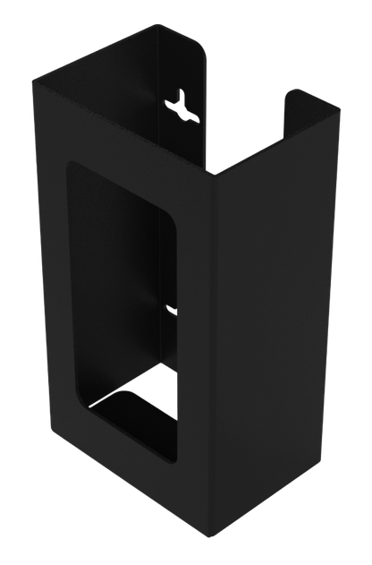 Glove Dispenser, Single, Black Steel, wall-mount, with a rectangular cut out for dispensing, front facing and angled slightly left, empty. 