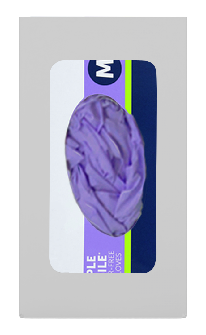 Glove Dispenser, Single, White Steel, wall mount, with a rectangular cut out for dispensing, front facing with 1 box of purple exam gloves