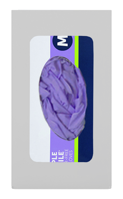 Glove Dispenser, Single, White Steel, wall mount, with a rectangular cut out for dispensing, front facing with 1 box of purple exam gloves