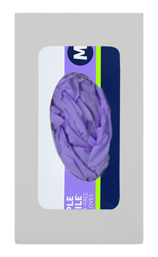 Glove Dispenser, Single, White Steel, wall mount, with a rectangular cut out for dispensing, front facing with 1 box of purple exam gloves