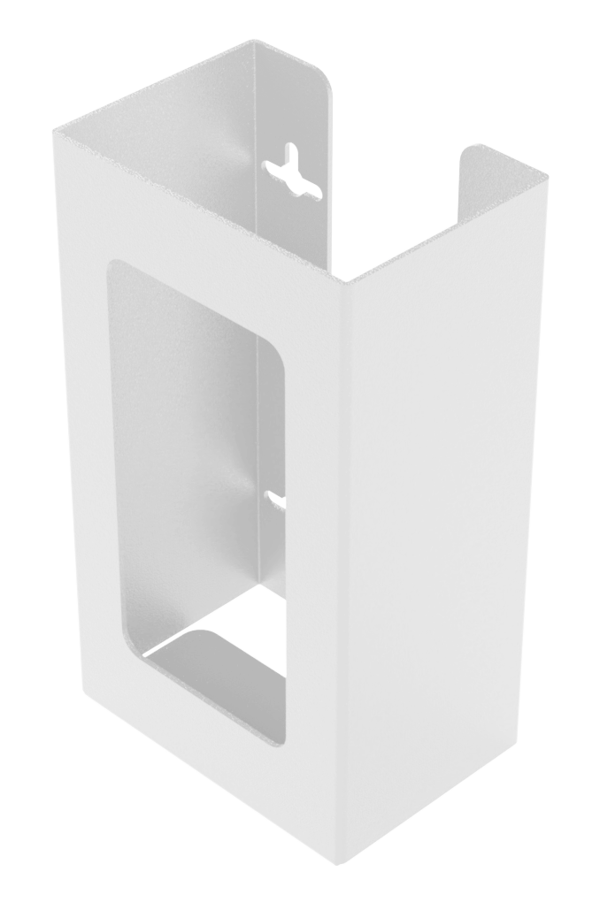 Glove Dispenser, Single, White Steel, wall mount, with a rectangular cut out for dispensing, front facing and angled slightly left, empty. 