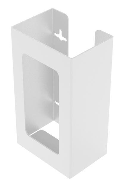 Glove Dispenser, Single, White Steel, wall mount, with a rectangular cut out for dispensing, front facing and angled slightly left, empty. 
