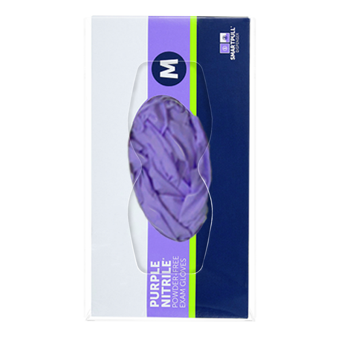 Glove Dispenser. Clear PETG plastic, Single, wall mount, with an hourglass cut out for dispensing, front facing with 1 box of purple exam gloves
