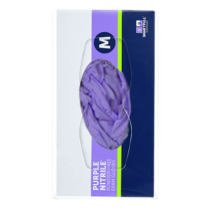 Glove Dispenser. Clear PETG plastic, Single, wall mount, with an hourglass cut out for dispensing, front facing with 1 box of purple exam gloves