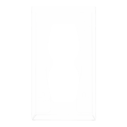 Glove Dispenser. Clear PETG plastic, Single, wall mount, with an hourglass cut out for dispensing, front facing, empty
