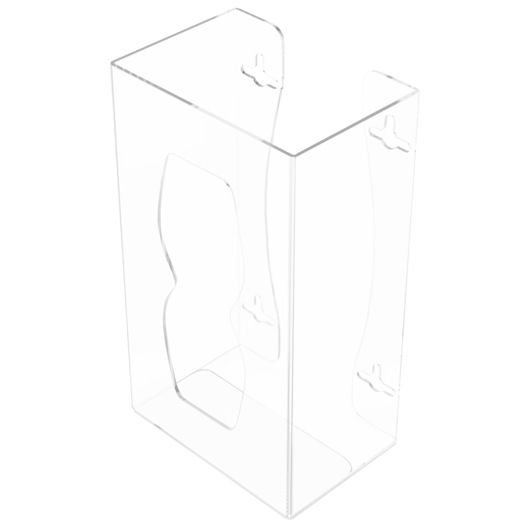 Glove Dispenser. Clear PETG plastic, Single, wall mount, with an hourglass cut out for dispensing, front facing slightly angled left, empty