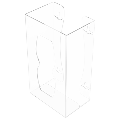 Glove Dispenser. Clear PETG plastic, Single, wall mount, with an hourglass cut out for dispensing, front facing slightly angled left, empty