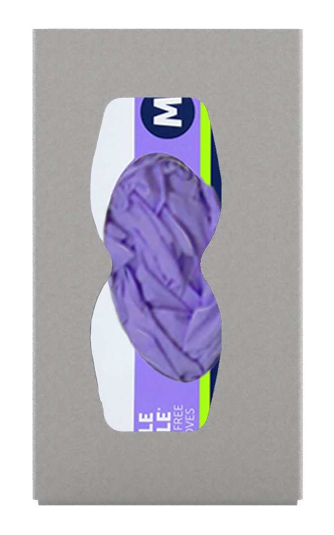 Beige, ABS plastic, single glove dispenser, with an hourglass cut out for dispensing, front facing with 1 box of purple exam gloves