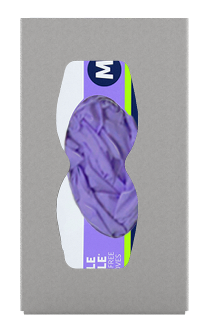 Beige, ABS plastic, single glove dispenser, with an hourglass cut out for dispensing, front facing with 1 box of purple exam gloves