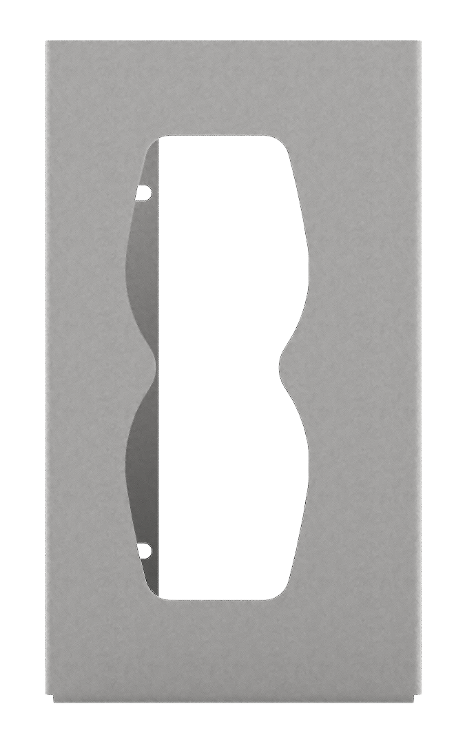 Beige, ABS plastic, single glove dispenser, with an hourglass cut out for dispensing, front facing, empty 