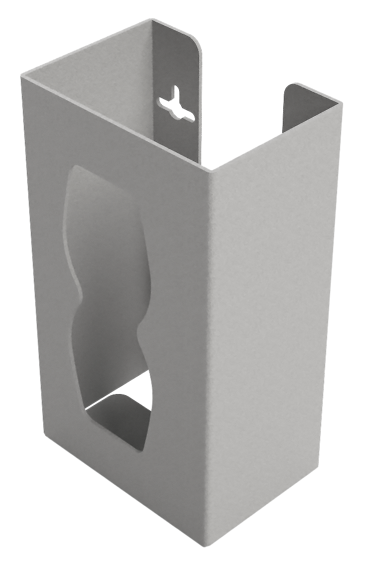 Beige, ABS plastic, single glove dispenser, with an hourglass cut out for dispensing, front facing and angled slightly left, empty 