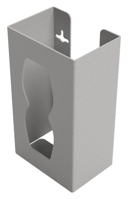 Beige, ABS plastic, single glove dispenser, with an hourglass cut out for dispensing, front facing and angled slightly left, empty 
