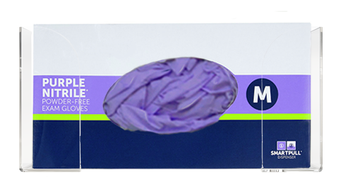 Clear, PETG plastic, single, top loading, horizontal mounted glove dispenser, front facing with one box of purple nitrile gloves inside.