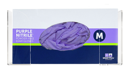 Clear, PETG plastic, single, top loading, horizontal mounted glove dispenser, front facing with one box of purple nitrile gloves inside.
