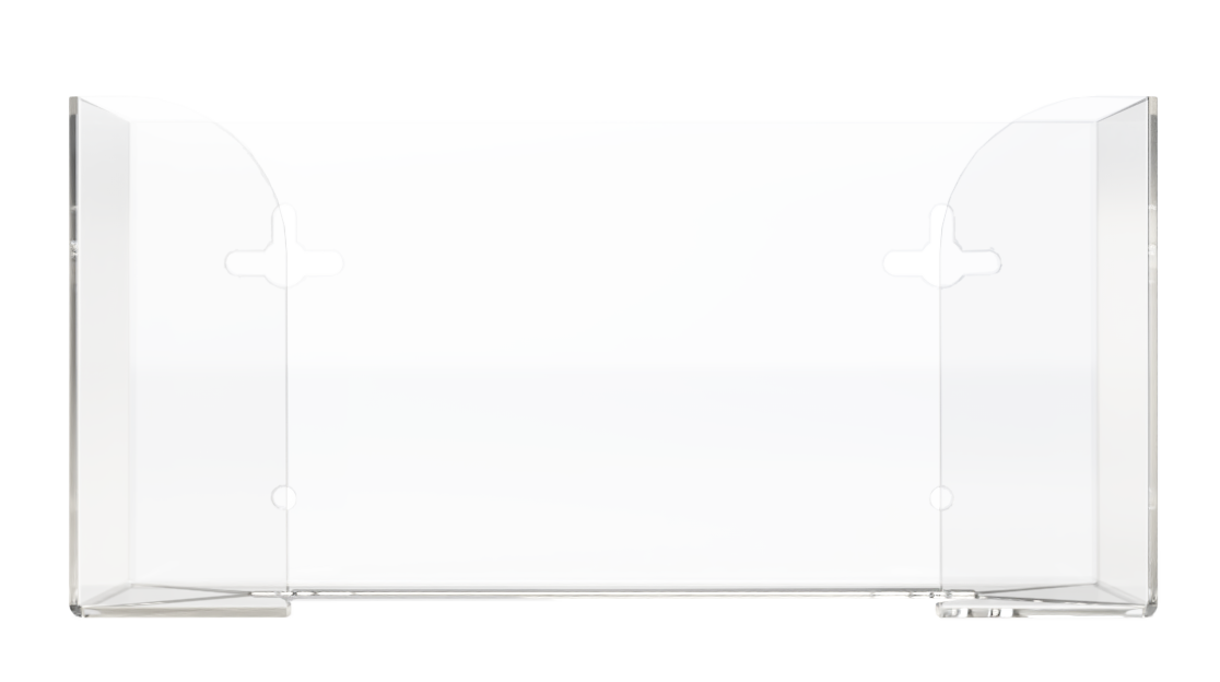 Clear, PETG plastic, single, top loading, horizontal mounted glove dispenser, front facing, empty.  