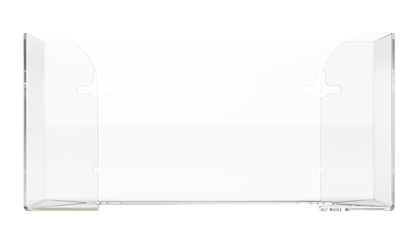 Clear, PETG plastic, single, top loading, horizontal mounted glove dispenser, front facing, empty.  