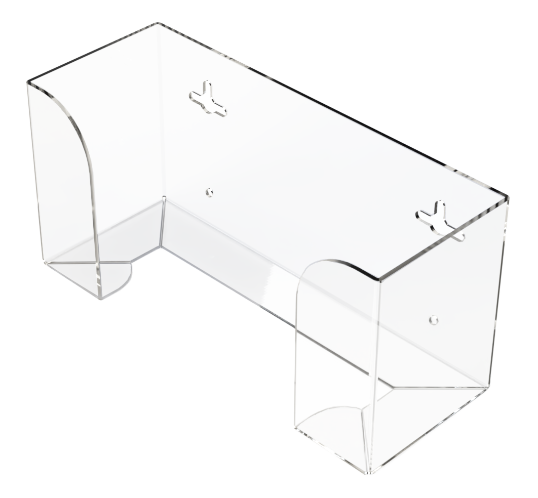 Clear, PETG plastic, single, top loading, horizontal mounted glove dispenser, front facing and angled slightly left, empty.  