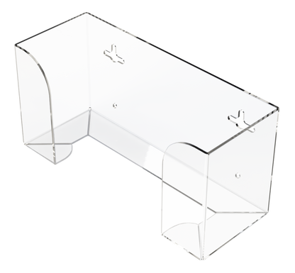 Clear, PETG plastic, single, top loading, horizontal mounted glove dispenser, front facing and angled slightly left, empty.  