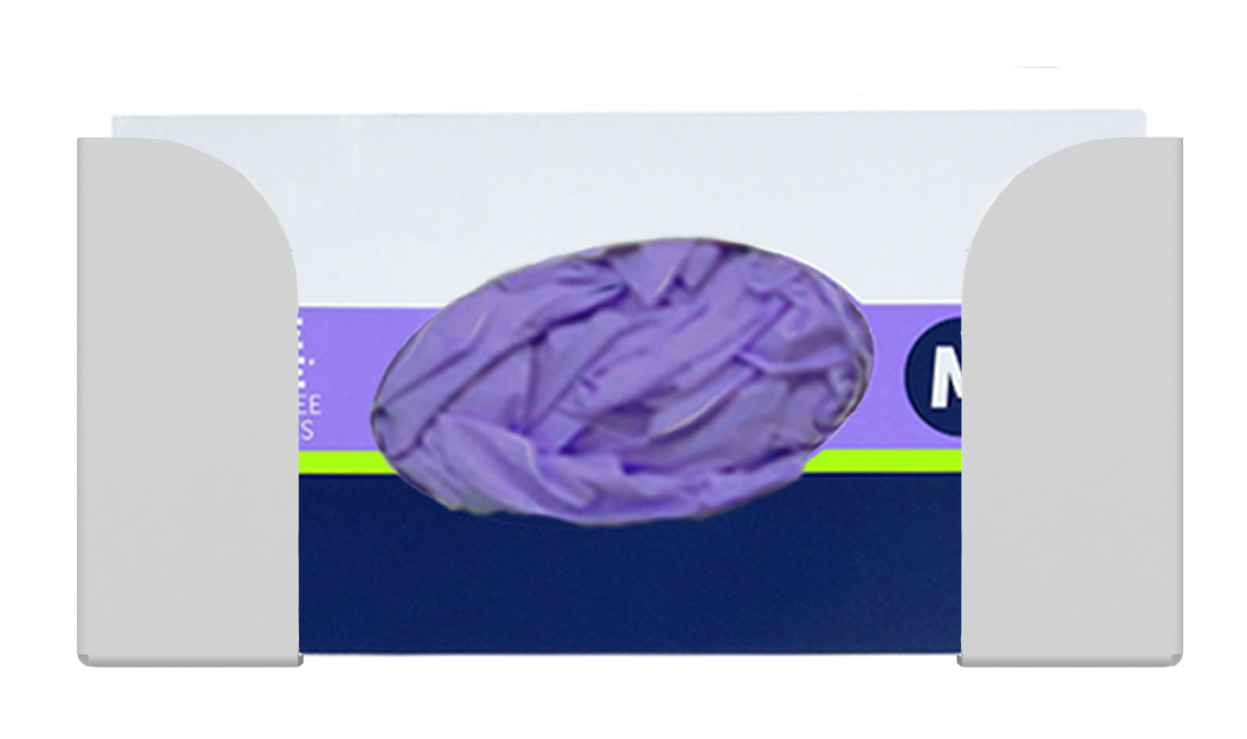 Glove Dispenser, White ABS plastic, single, wall mount. top loading, horizontal mounted glove dispenser, front facing with one box of purple nitrile gloves inside.
