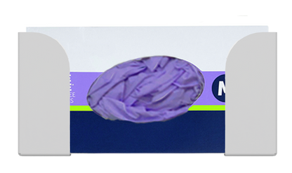 Glove Dispenser, White ABS plastic, single, wall mount. top loading, horizontal mounted glove dispenser, front facing with one box of purple nitrile gloves inside.