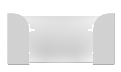 Glove Dispenser, White ABS plastic, single, wall mount. top loading, horizontal mounted glove dispenser, front facing, empty. 