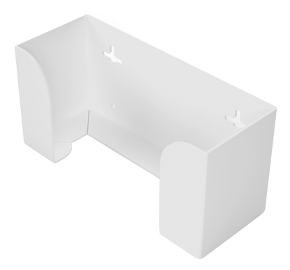 Glove Dispenser, White ABS plastic, single, wall mount. top loading, horizontal mounted glove dispenser, front facing and angled slightly left, empty. 