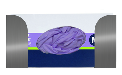 Glove Dispenser, Stainless Steel, single, wall mount. horizontal mount, top loading, front facing with 1 box of purple exam gloves