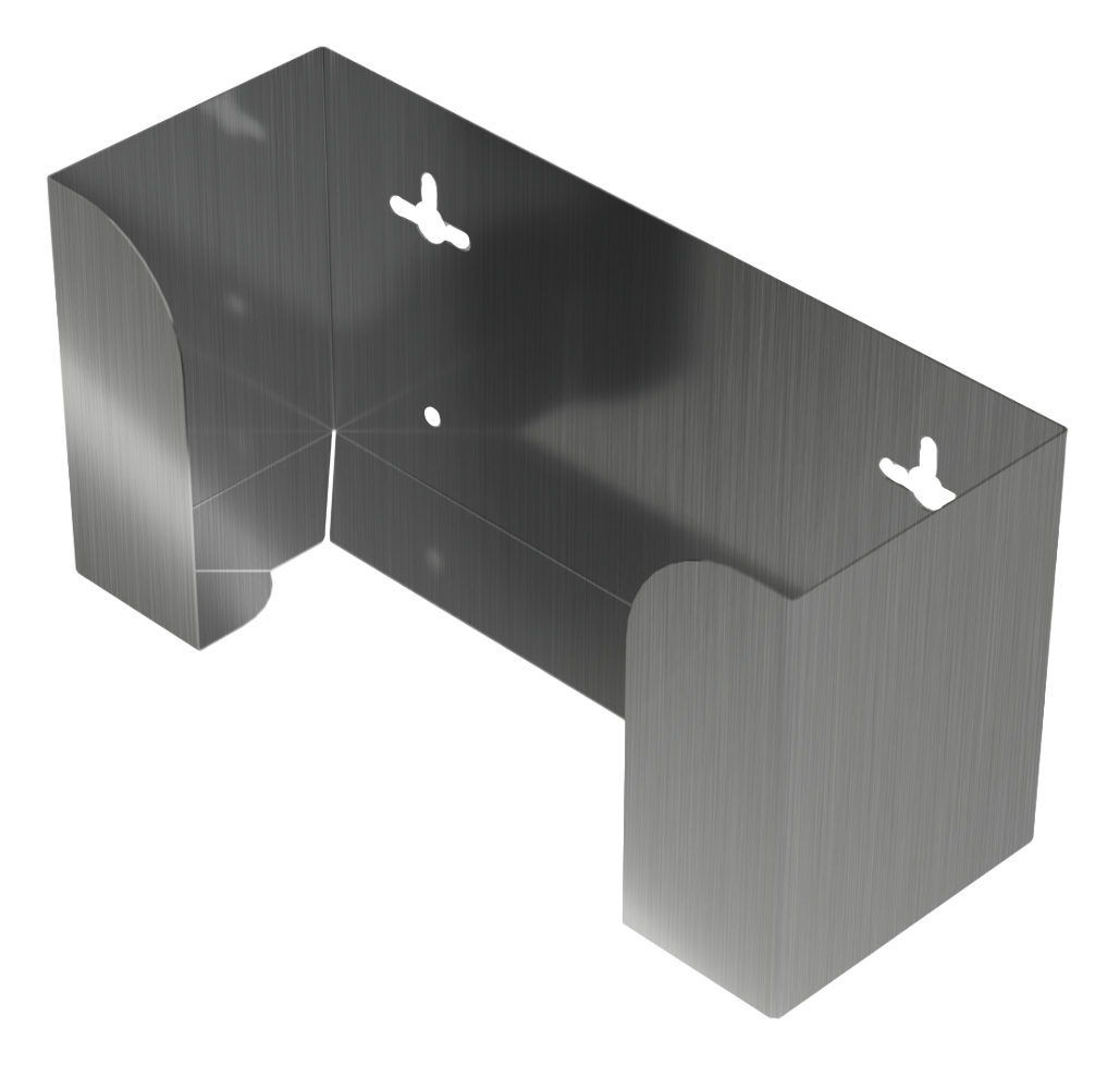 Glove Dispenser, Stainless Steel, single, wall mount. horizontal mount, top loading, front facing and angled slightly left, empty.  