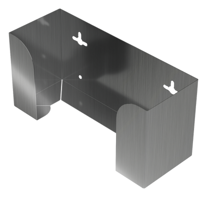 Glove Dispenser, Stainless Steel, single, wall mount. horizontal mount, top loading, front facing and angled slightly left, empty.  