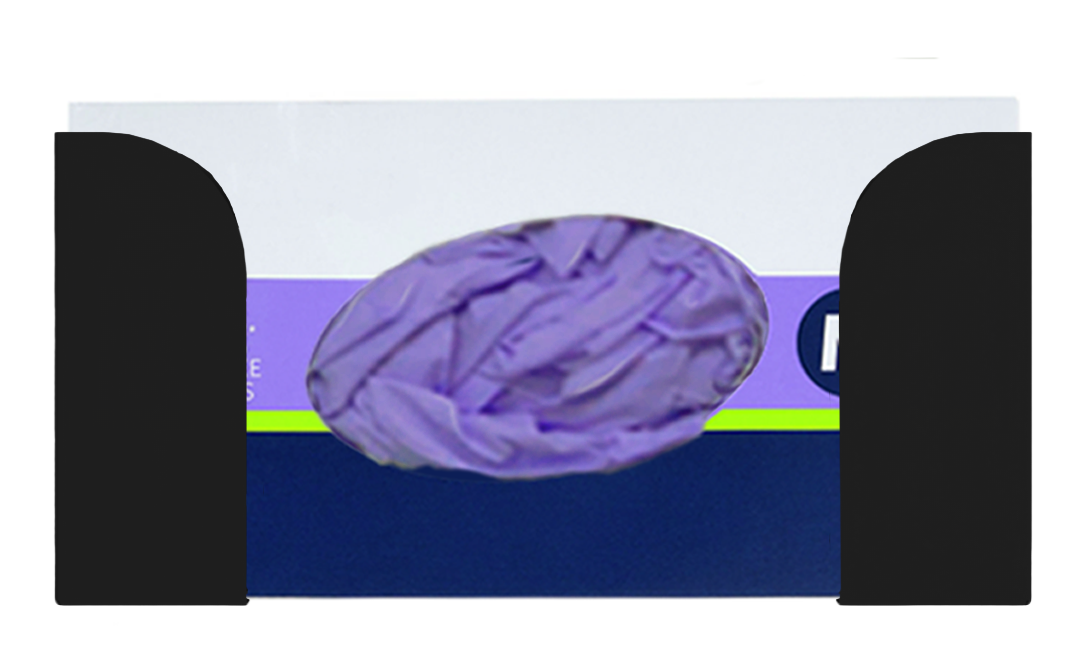 Glove Dispenser, Black steel, single, top loading, horizontal mounted glove dispenser, front facing with one box of purple nitrile gloves inside.