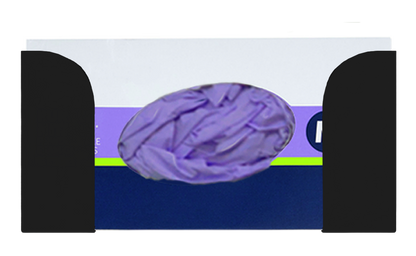 Glove Dispenser, Black steel, single, top loading, horizontal mounted glove dispenser, front facing with one box of purple nitrile gloves inside.