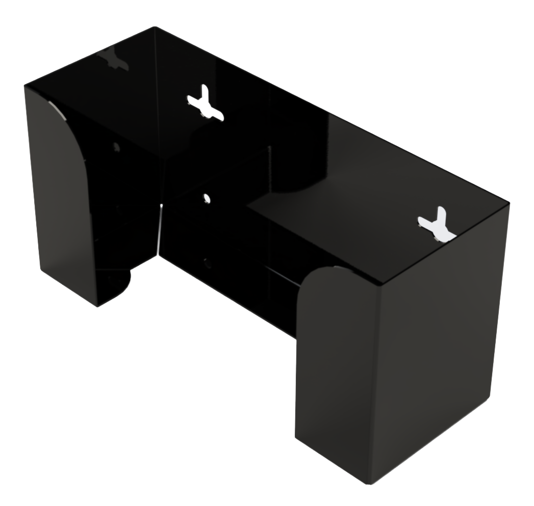 Glove Dispenser, Black Steel, single, wall mount. top loading, horizontal mounted glove dispenser, front facing and angled slightly left, empty.  
