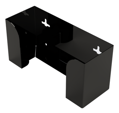 Glove Dispenser, Black Steel, single, wall mount. top loading, horizontal mounted glove dispenser, front facing and angled slightly left, empty.  