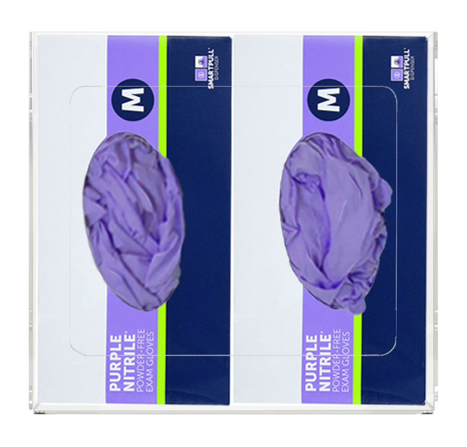 Glove Dispenser. Double, Clear PETG plastic, non-divided, wall mount. front facing with 2 boxes of purple exam gloves