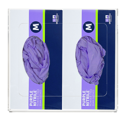 Glove Dispenser. Double, Clear PETG plastic, non-divided, wall mount. front facing with 2 boxes of purple exam gloves