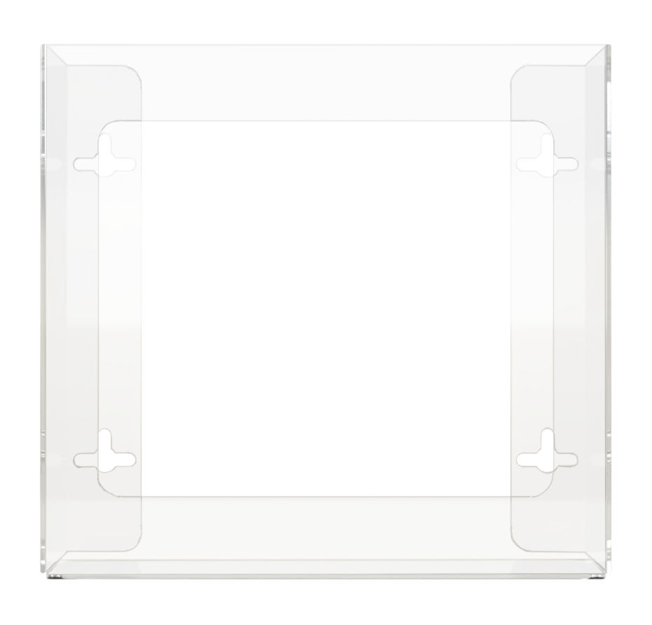 Glove Dispenser. Double, Clear PETG plastic, non-divided, wall mount. front facing, empty.
