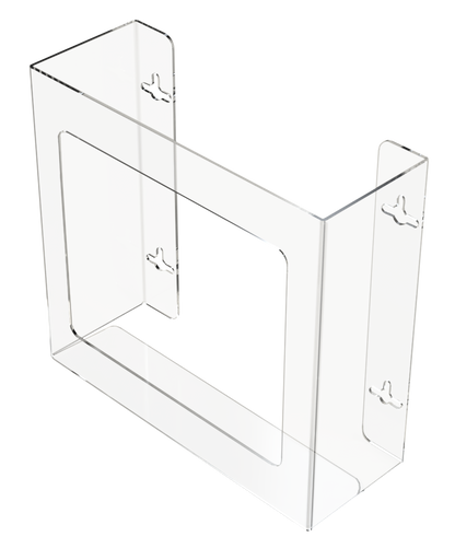Glove Dispenser. Double, Clear PETG plastic, non-divided, wall mount. front facing and slightly angled left, empty