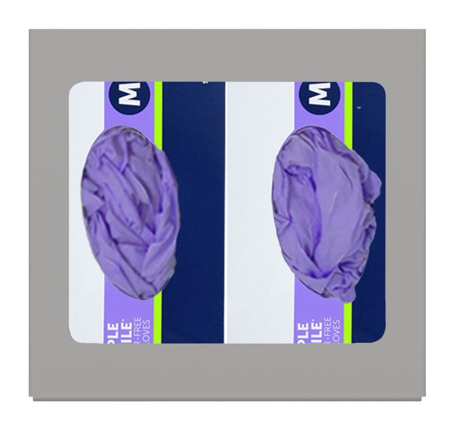 Glove Dispenser. Double, Beige ABS plastic, non-divided, wall mount. front facing with 2 boxes of purple exam gloves