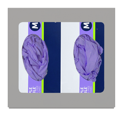 Glove Dispenser. Double, Beige ABS plastic, non-divided, wall mount. front facing with 2 boxes of purple exam gloves