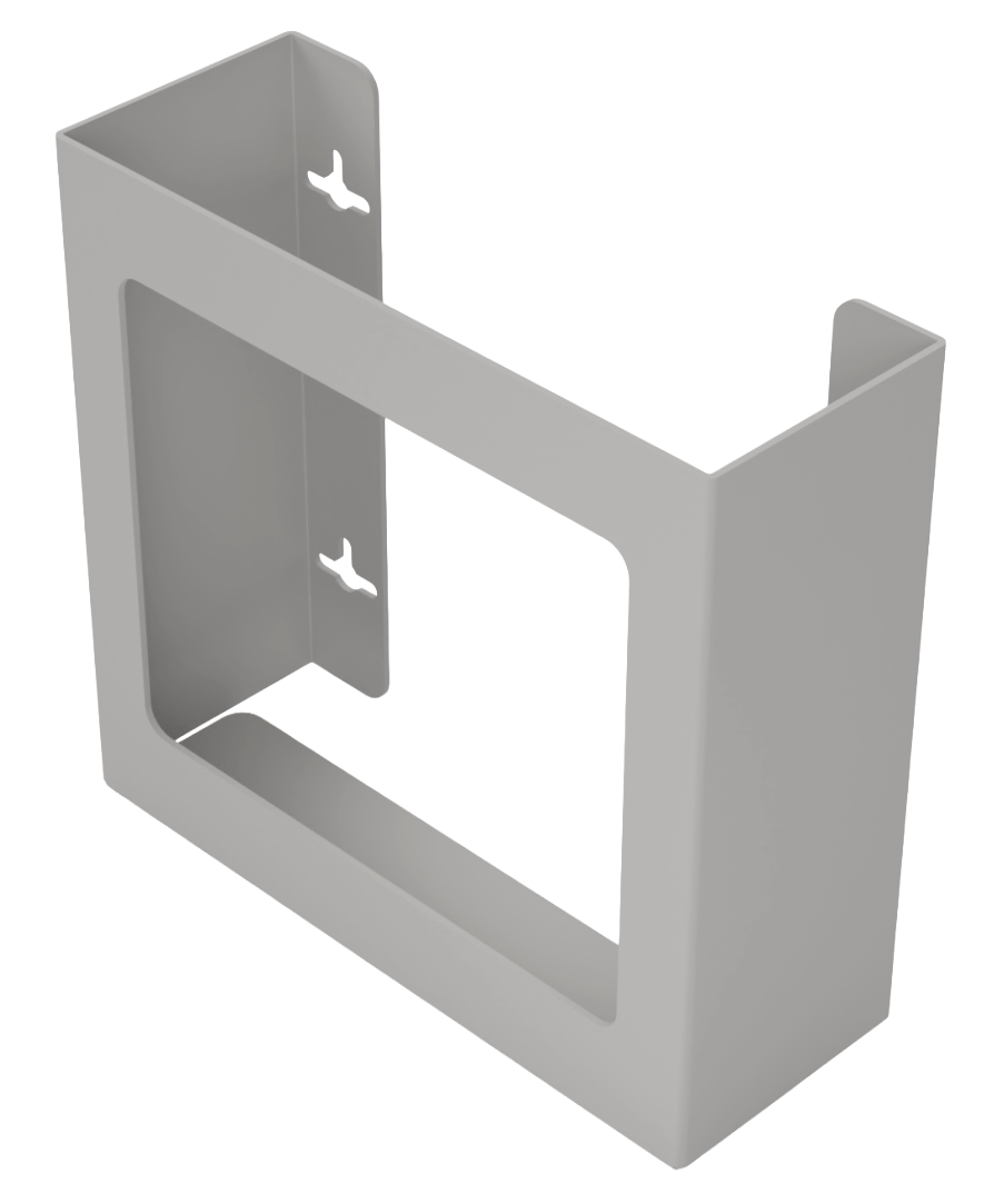 Glove Dispenser. Double, Beige ABS plastic, non-divided, wall mount. front facing and slightly angled left, empty