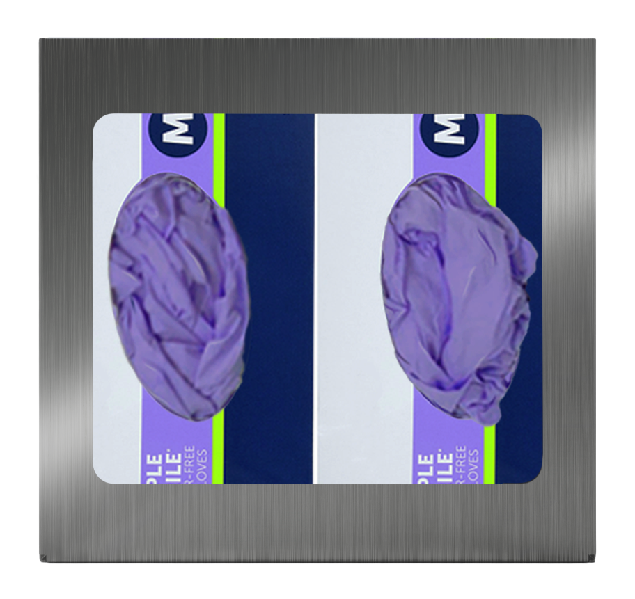 Glove Dispenser. Double, Stainless Steel, non-divided, wall mount. front facing with 2 boxes of purple exam gloves