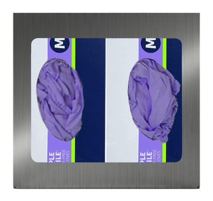 Glove Dispenser. Double, Stainless Steel, non-divided, wall mount. front facing with 2 boxes of purple exam gloves