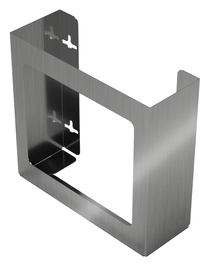 Glove Dispenser. Double, Stainless Steel, non-divided, wall mount. front facing and slightly angled left, empty 
