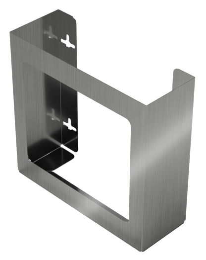 Glove Dispenser. Double, Stainless Steel, non-divided, wall mount. front facing and slightly angled left, empty 